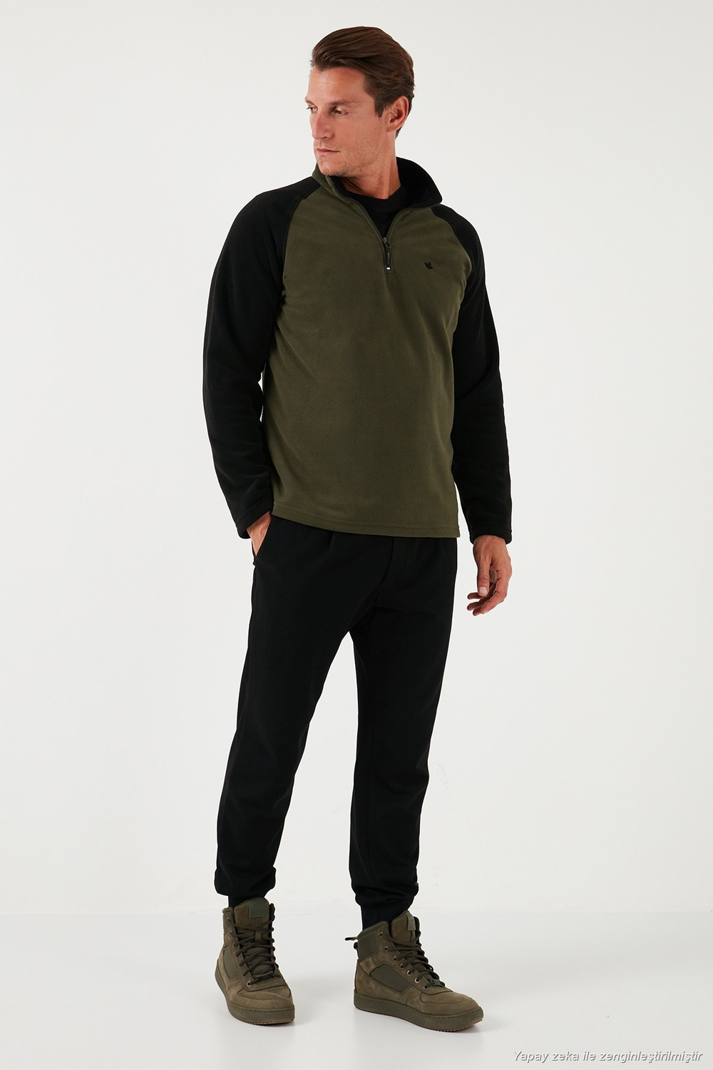 Slim Fit Yarım Fermuarlı Soğuk Geçirmez Şardonlu 2li Paket Erkek Polar 5906055S2 GRİ-HAKİ