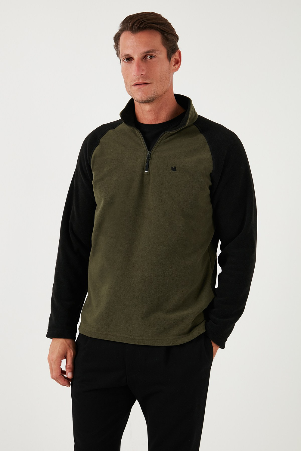 Slim Fit Yarım Fermuarlı Soğuk Geçirmez Kışlık Şardonlu Erkek Polar 5906055 HAKİ