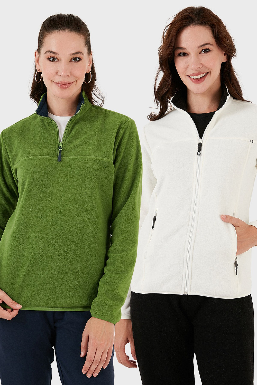 Slim Fit Yumuşak Dokulu Anti-Pilling Tüylenme Yapmayan 2li Paket Kadın Polar 590700200S2 Fıstık Yeşil-Ekru