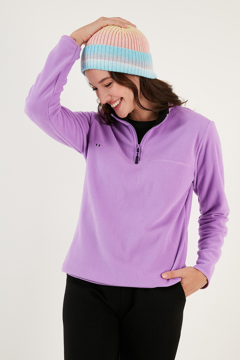 Slim Fit Yumuşak Dokulu Anti-Pilling Tüylenme Yapmayan Yarım Fermuarlı Kadın Polar 5907000 LİLA