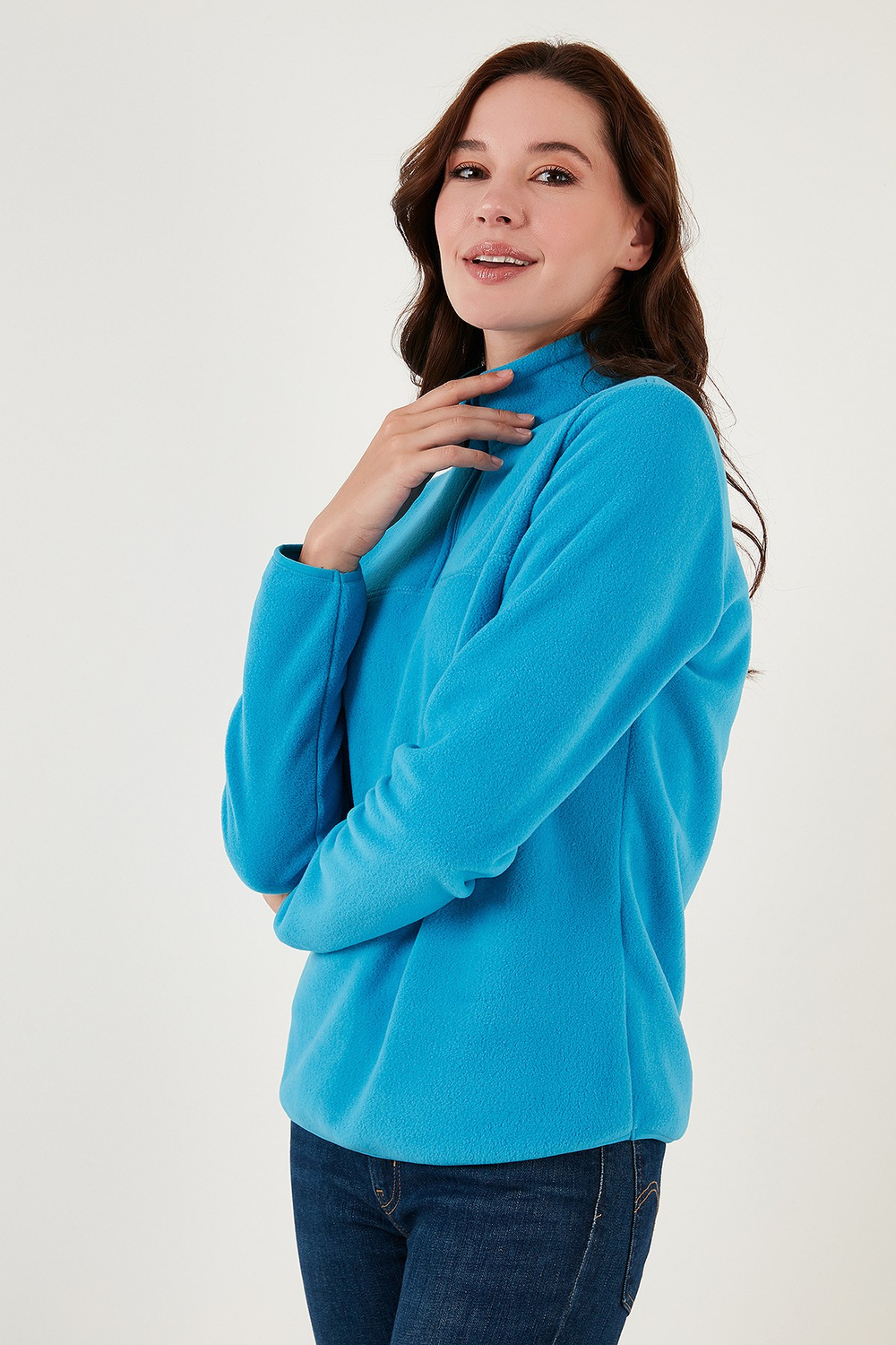 Slim Fit Yumuşak Dokulu Anti-Pilling Tüylenme Yapmayan Yarım Fermuarlı Kadın Polar 5907000 TURKUAZ