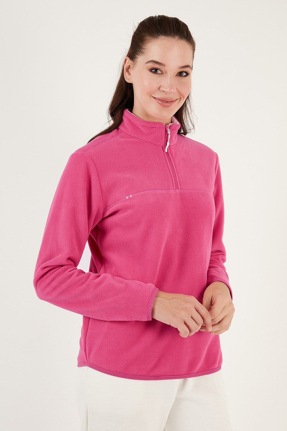Slim Fit Yumuşak Dokulu Anti-Pilling Tüylenme Yapmayan Yarım Fermuarlı Kadın Polar 5907000 PEMBE