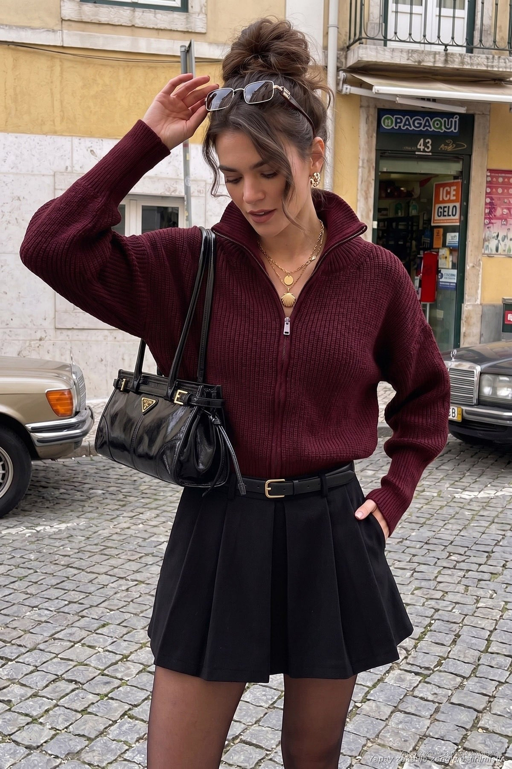 Standart Fit Balon Kol Fermuarlı Selanik Örgülü Kadın Hırka 4615562 BORDO