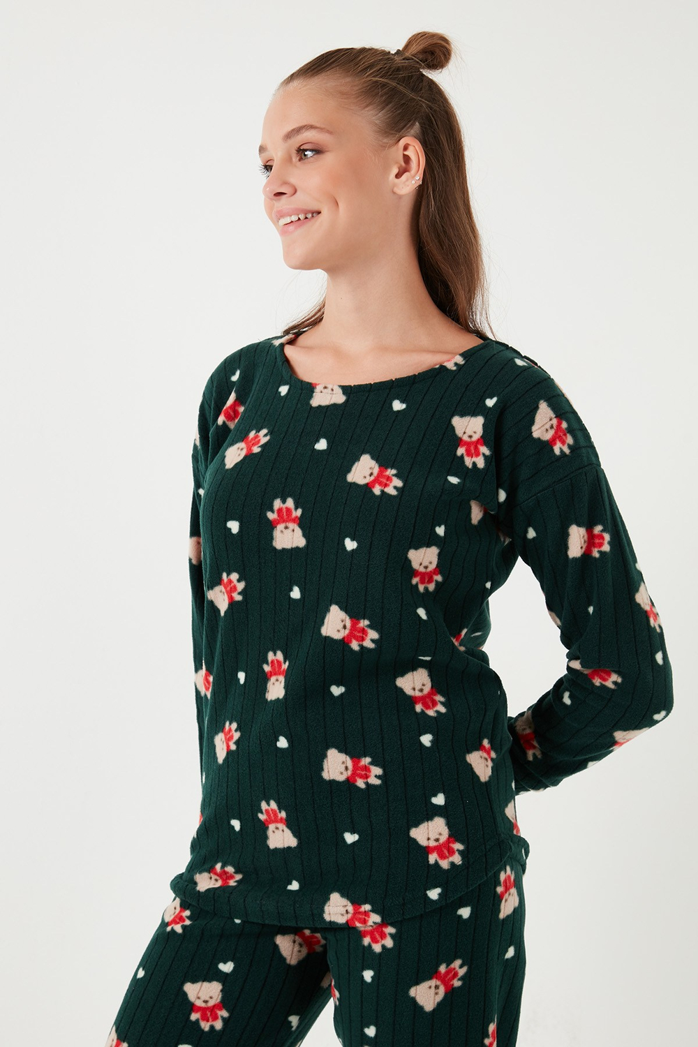 Standart Fit Bisiklet Yaka Kadın Pijama Takımı 6093735 YEŞİL