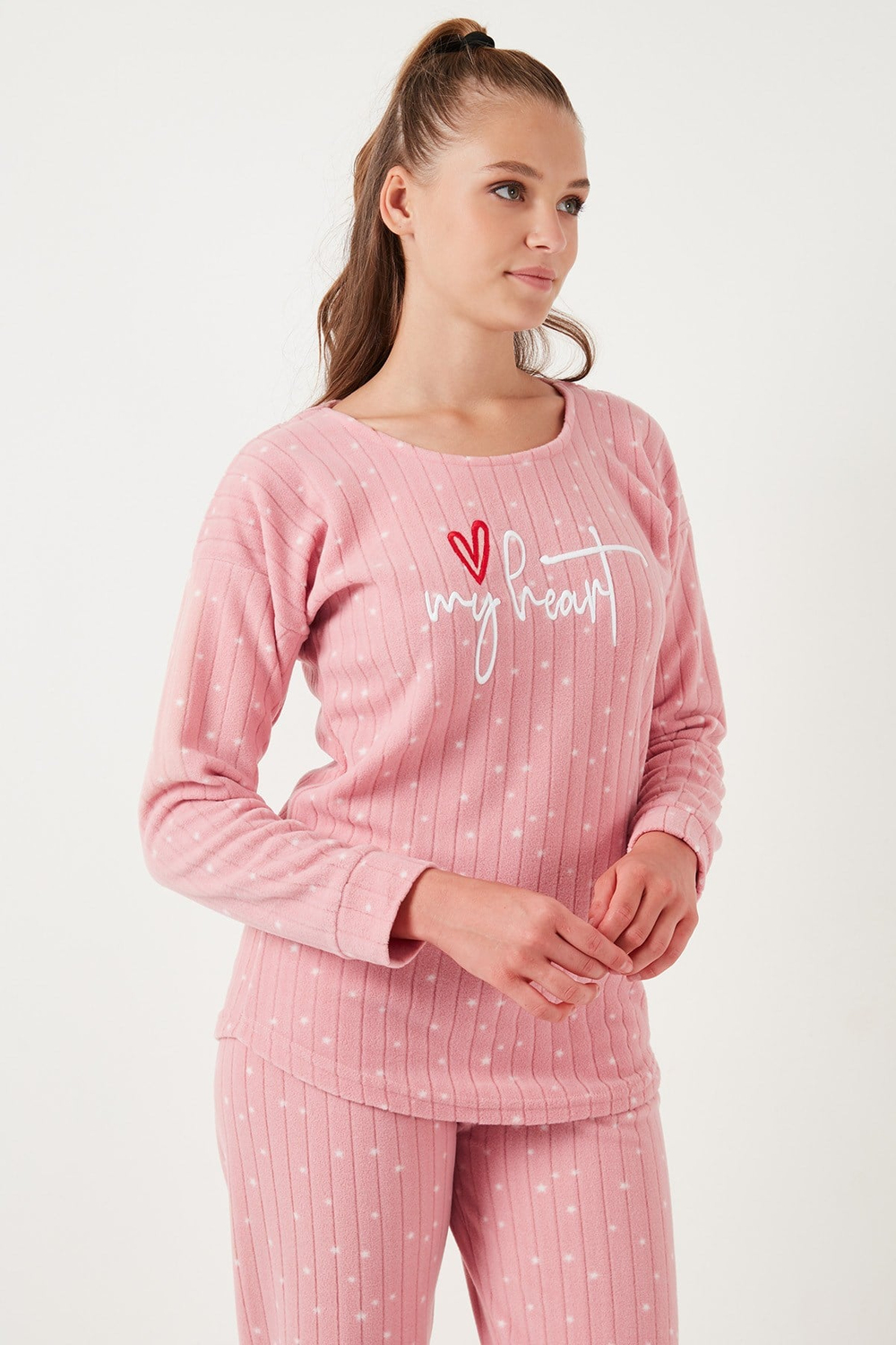 Standart Fit Bisiklet Yaka Kadın Pijama Takımı 6093735 PUDRA