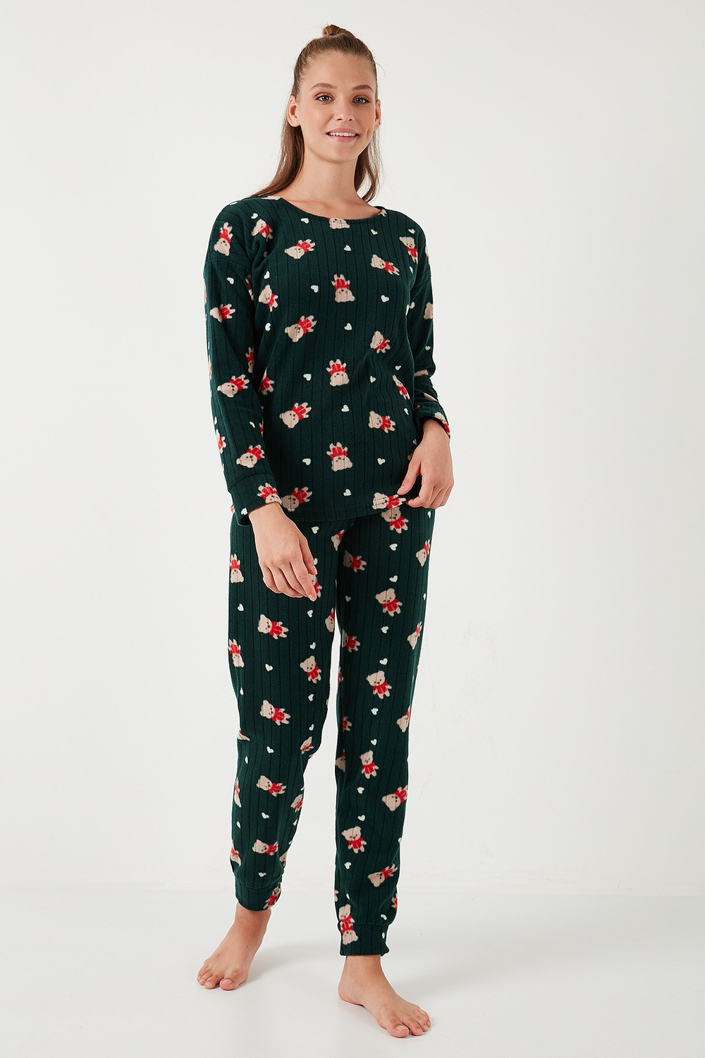 Standart Fit Bisiklet Yaka Kadın Pijama Takımı 6093735 YEŞİL