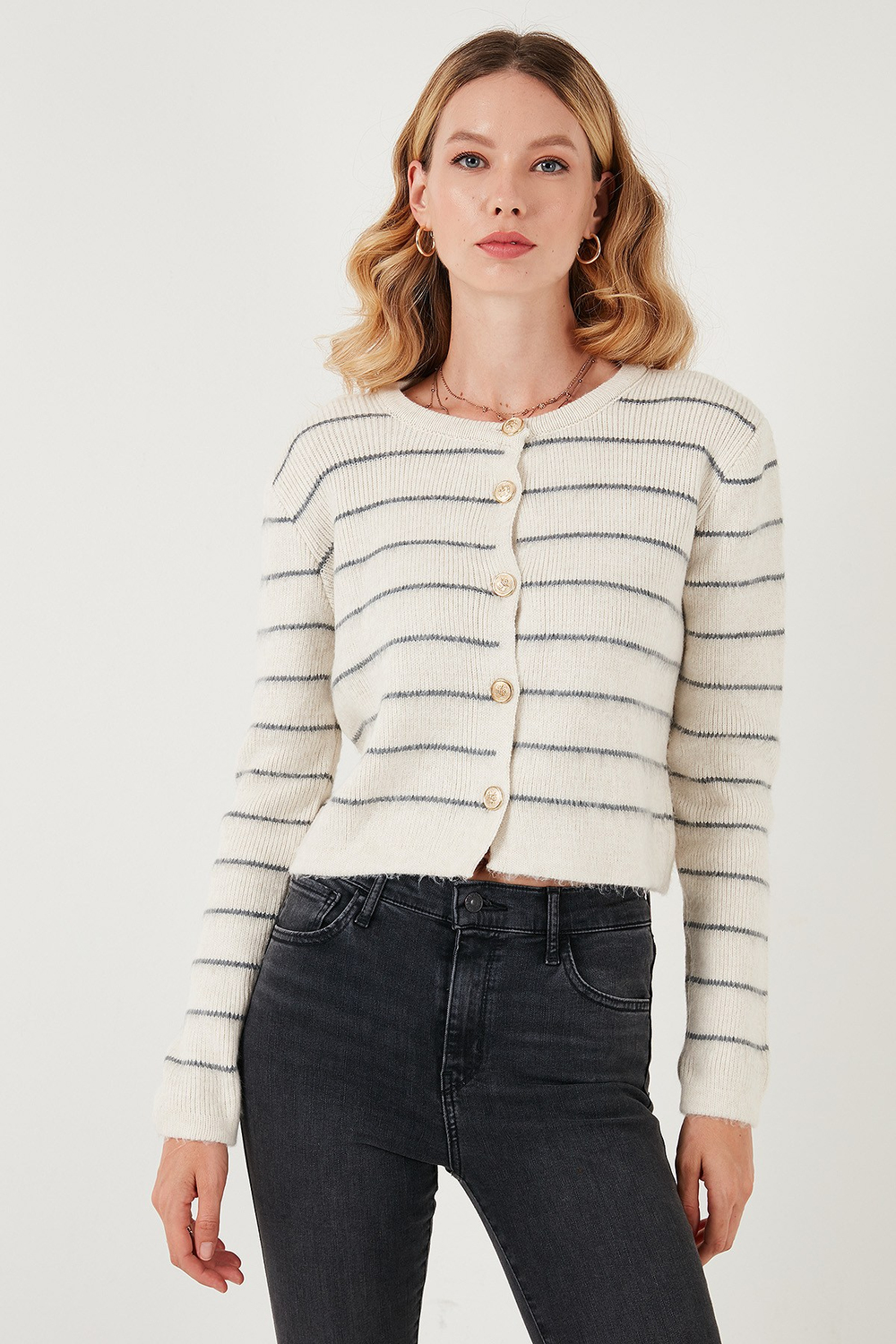 Standart Fit Çizgili Yumuşak Dokulu Crop Triko Kadın Hırka 4615551 TAŞ