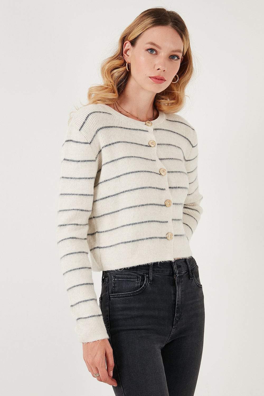 Standart Fit Çizgili Yumuşak Dokulu Crop Triko Kadın Hırka 4615551 TAŞ