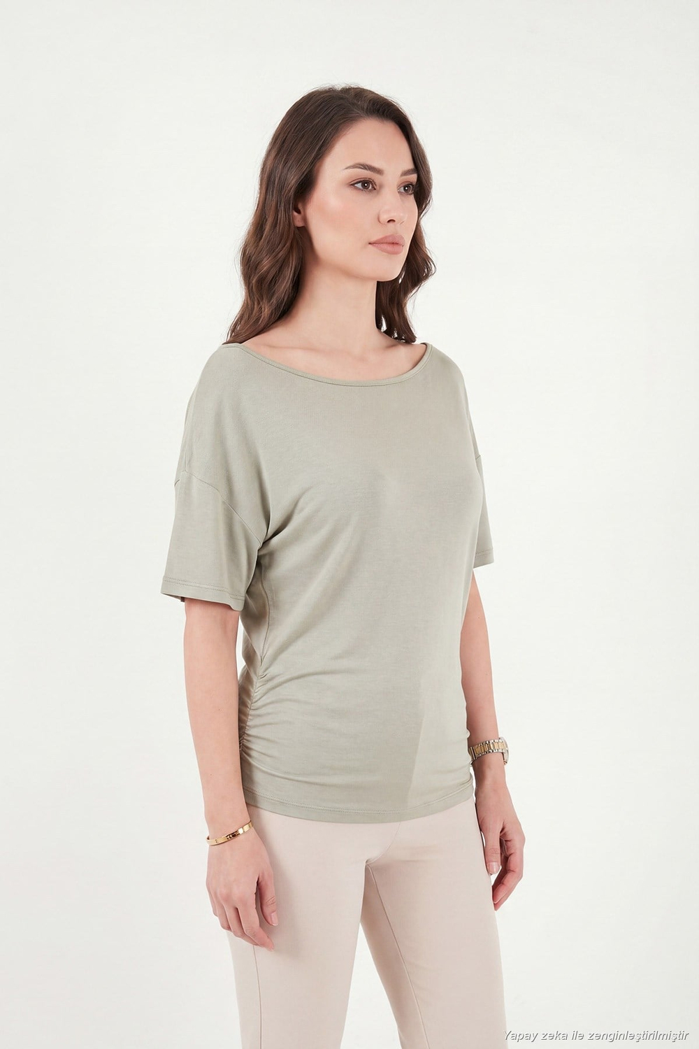 Standart Fit Drape Detaylı Yarasa Kol Kadın T Shirt 5866962 Olive