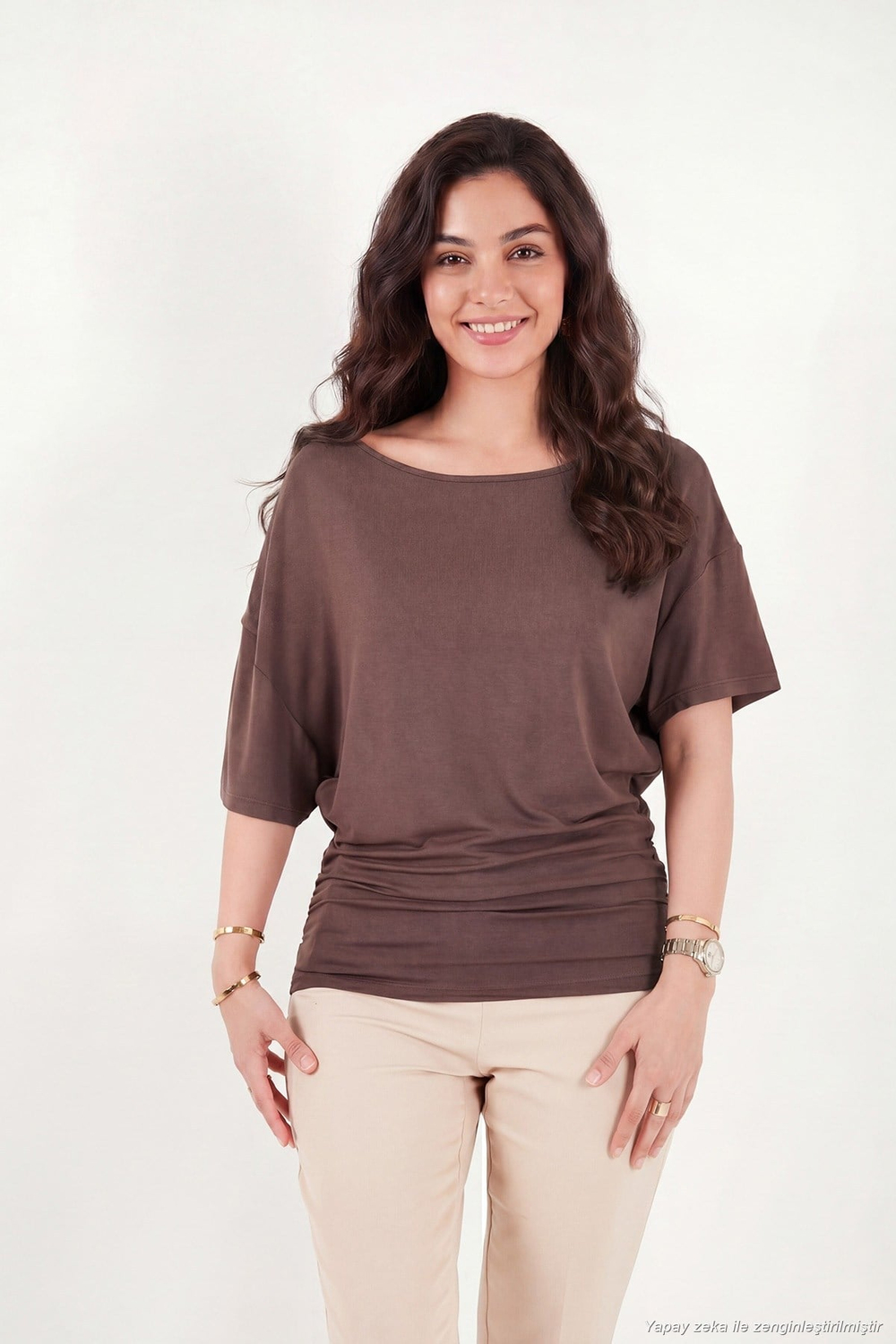 Standart Fit Drape Detaylı Yarasa Kol Kadın T Shirt 5866962 KAHVE