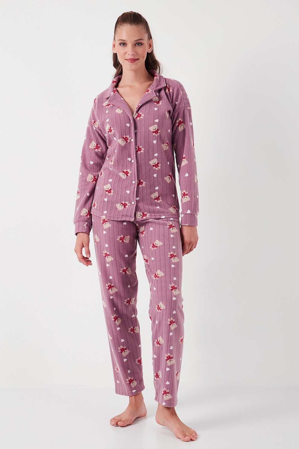 Standart Fit Düğmeli Polarlı Kadın Pijama Takımı 6095615 LİLA