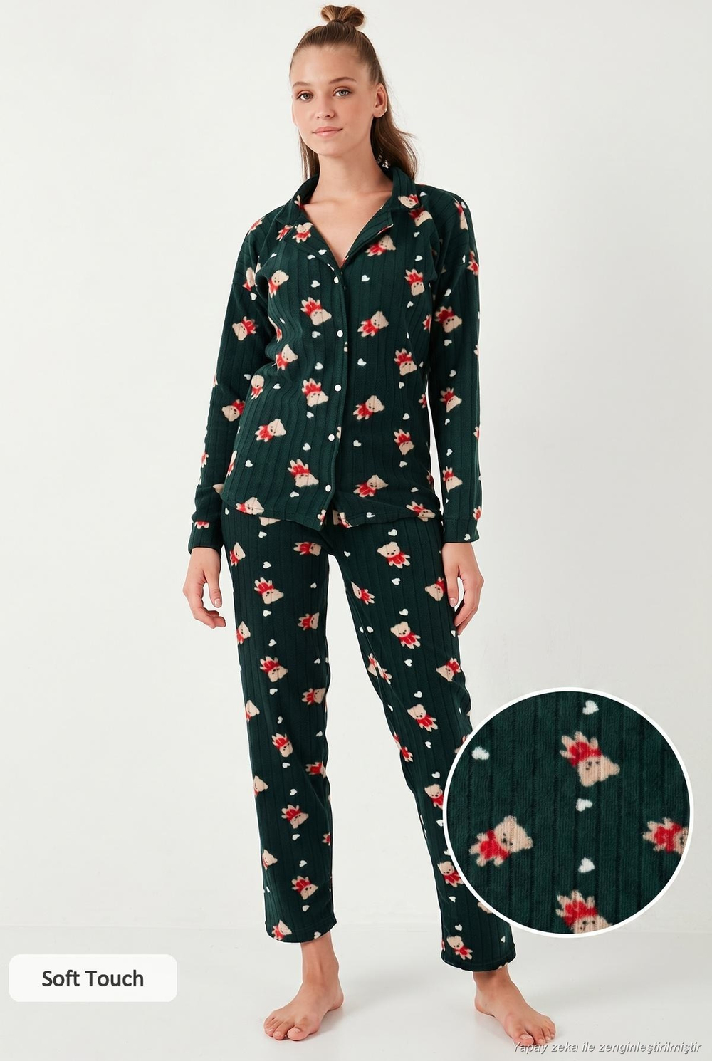 Standart Fit Düğmeli Polarlı Kadın Pijama Takımı 6095615 YEŞİL