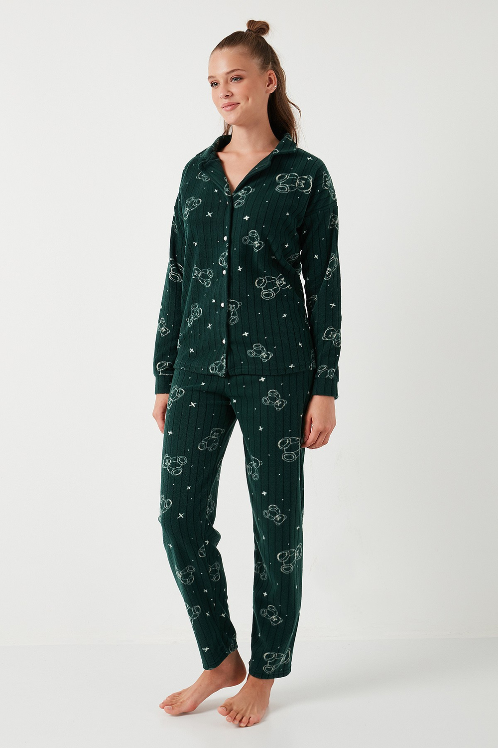 Standart Fit Düğmeli Polarlı Kadın Pijama Takımı 6095616 YEŞİL