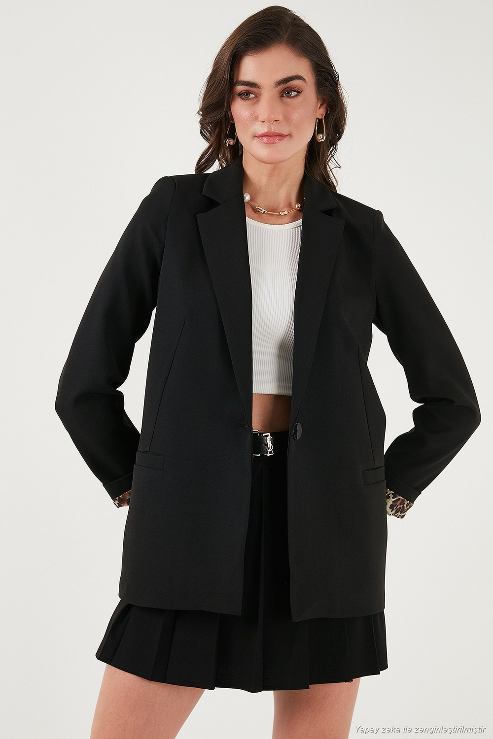 Standart Fit Mono Yaka Desenli Astar Detaylı Blazer Kadın Ceket 6524003 SİYAH