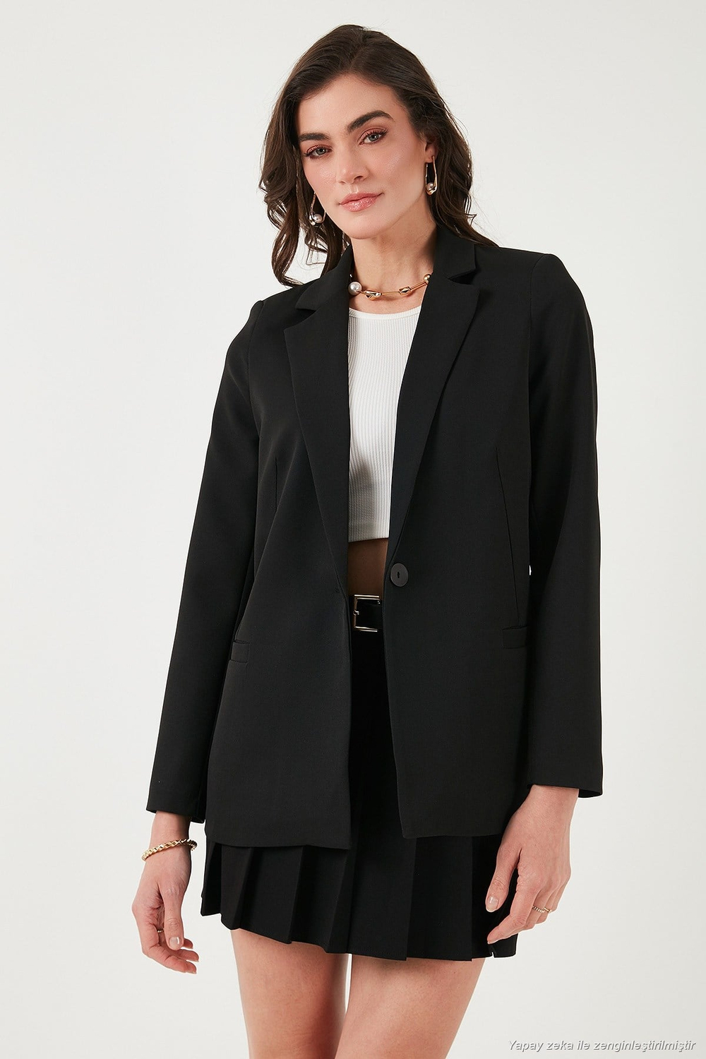 Standart Fit Mono Yaka Desenli Astar Detaylı Blazer Kadın Ceket 6524003 SİYAH