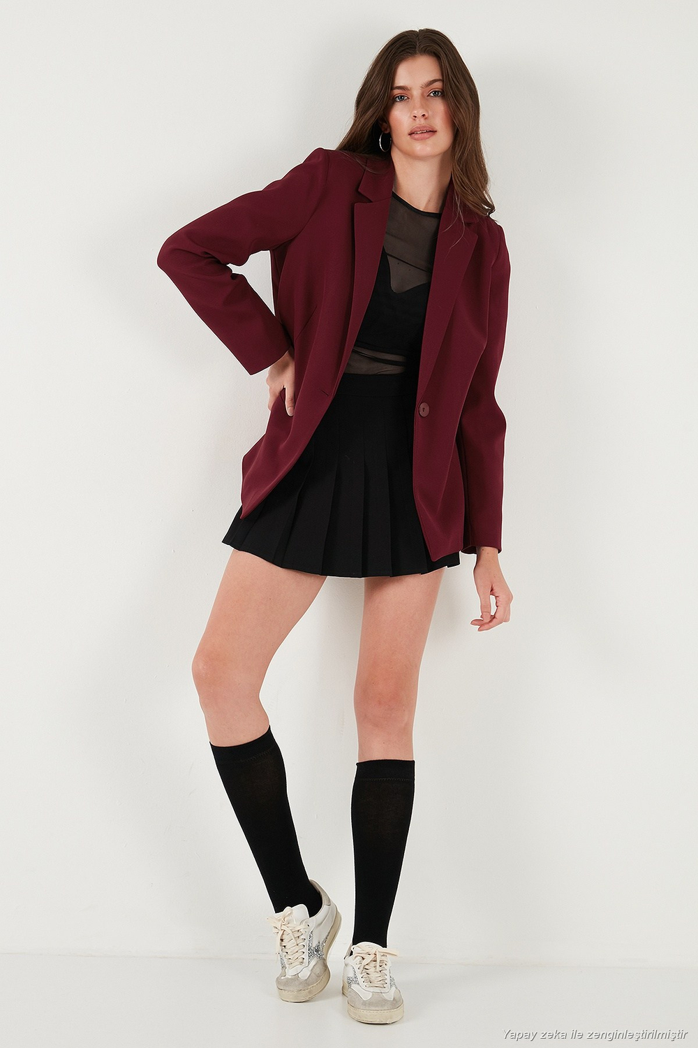 Standart Fit Mono Yaka Desenli Astar Detaylı Blazer Kadın Ceket 6524003 BORDO