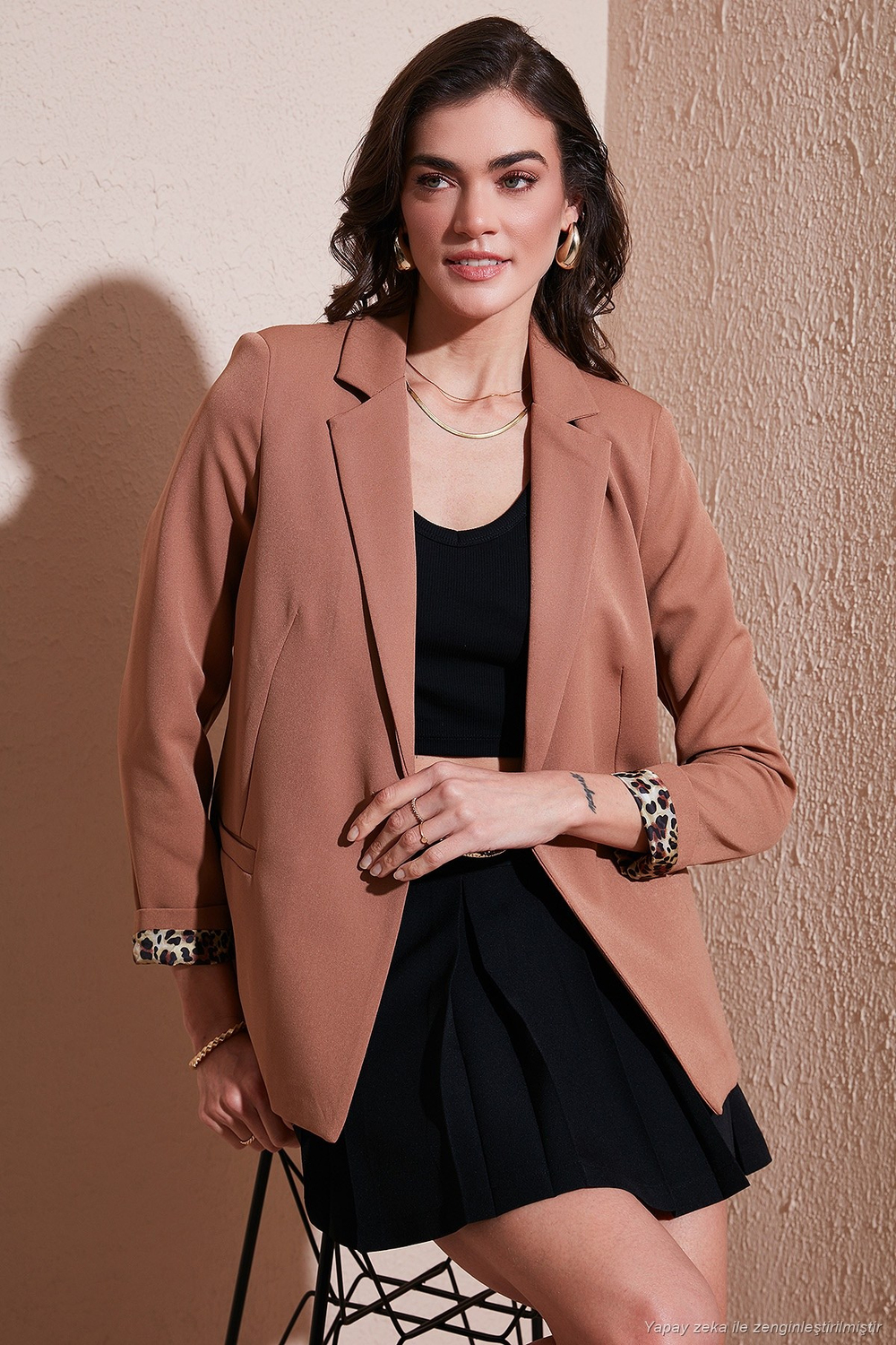 Standart Fit Mono Yaka Desenli Astar Detaylı Blazer Kadın Ceket 6524003 CAMEL