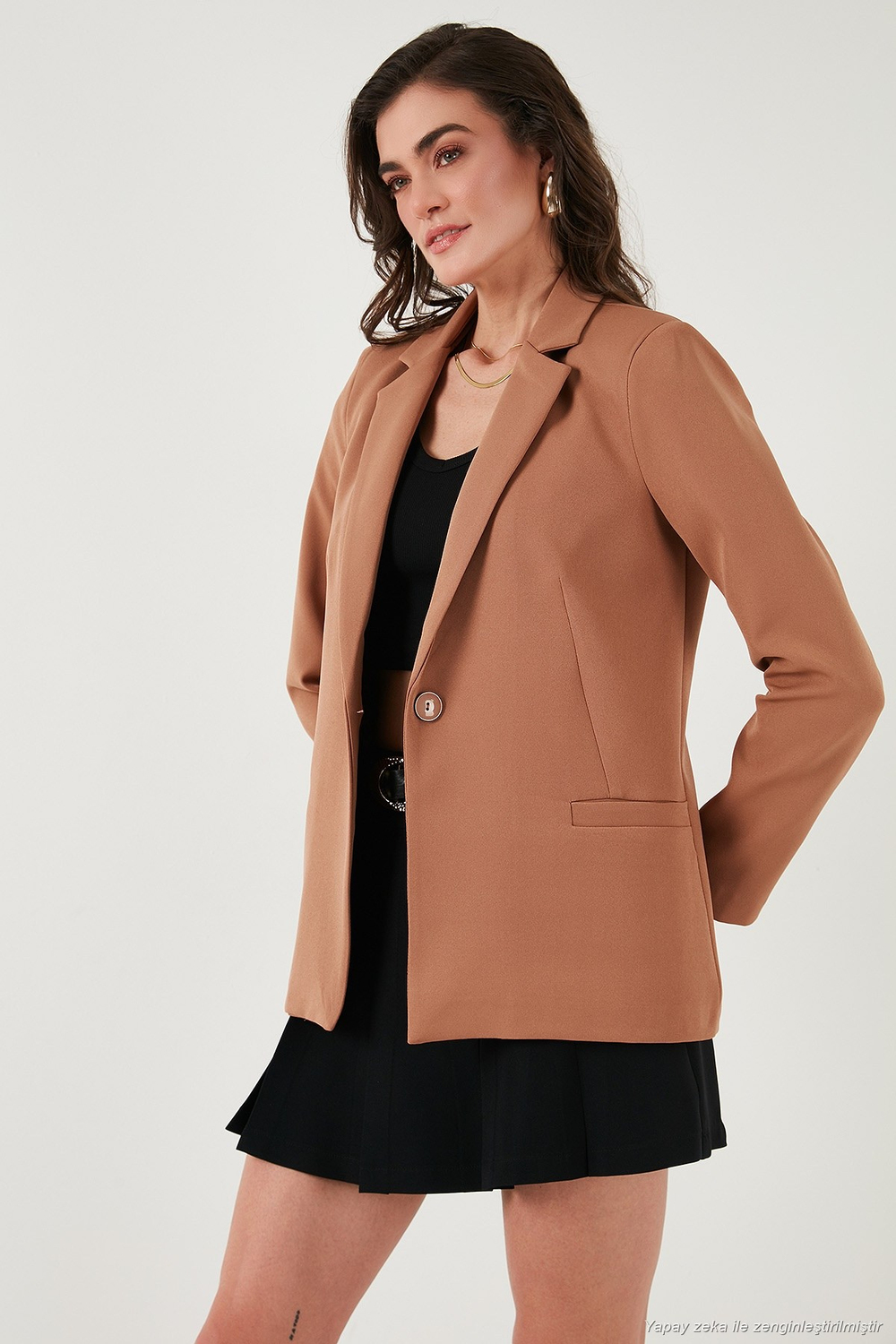 Standart Fit Mono Yaka Desenli Astar Detaylı Blazer Kadın Ceket 6524003 CAMEL