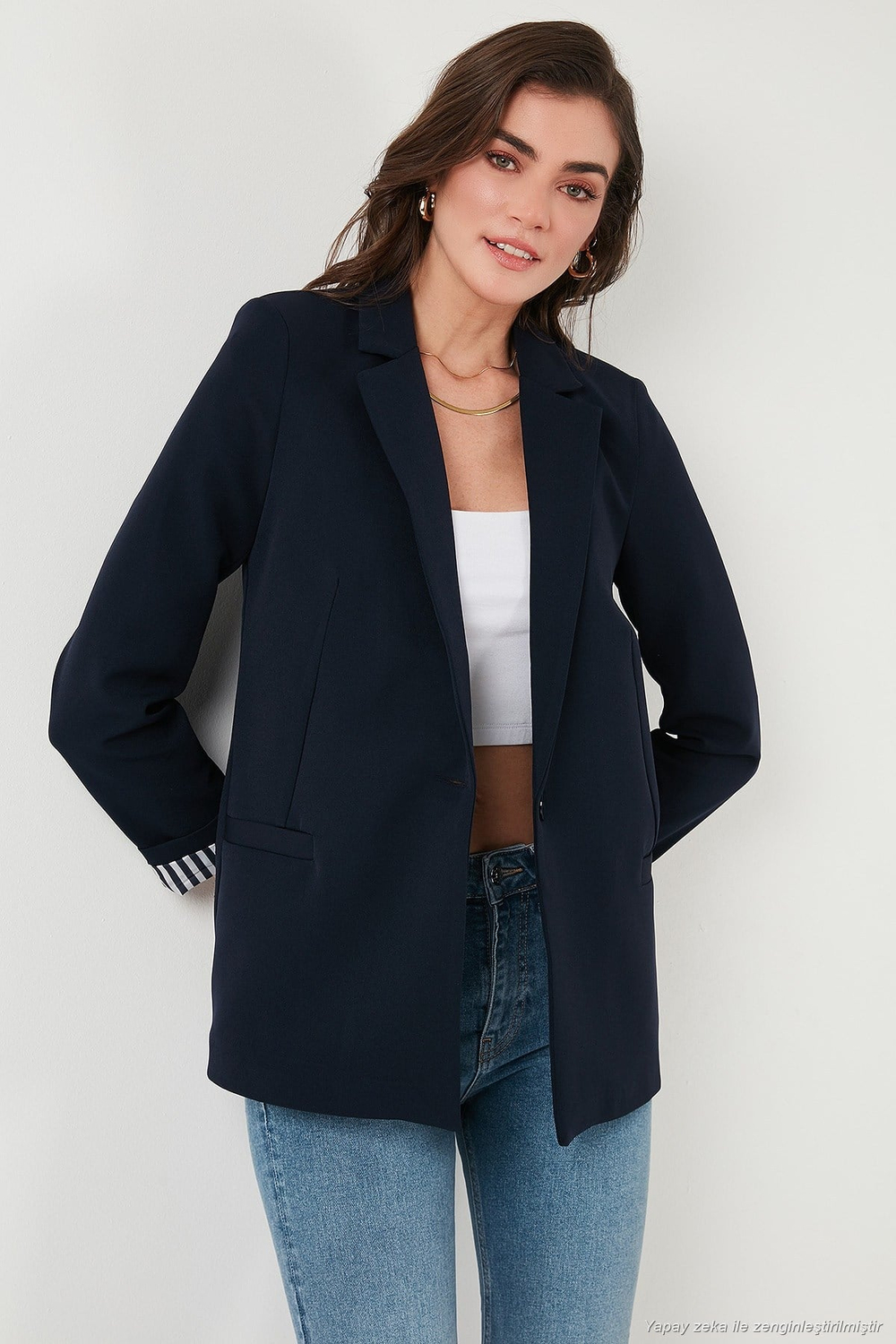 Standart Fit Mono Yaka Desenli Astar Detaylı Blazer Kadın Ceket 6524003 LACİVERT