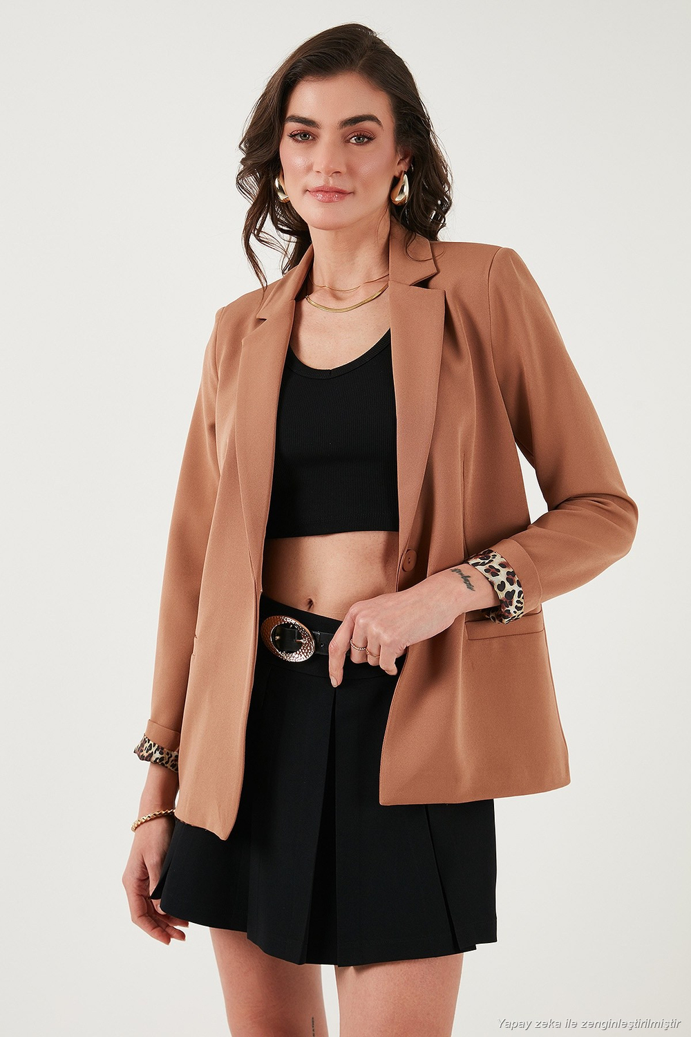 Standart Fit Mono Yaka Desenli Astar Detaylı Blazer Kadın Ceket 6524003 CAMEL