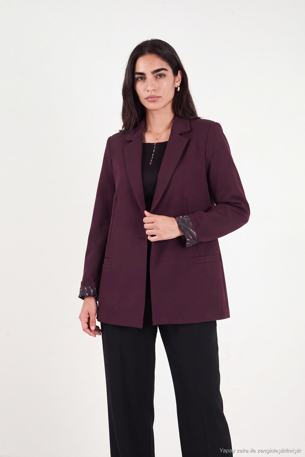 Standart Fit Mono Yaka Desenli Astar Detaylı Blazer Kadın Ceket 6524003 MÜRDÜM