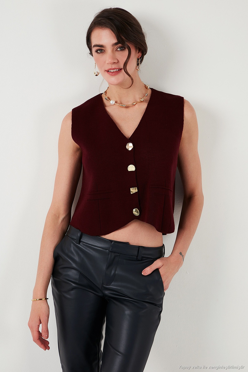 Standart Fit V Yaka Düğmeli Triko Kadın Yelek 4616177 BORDO