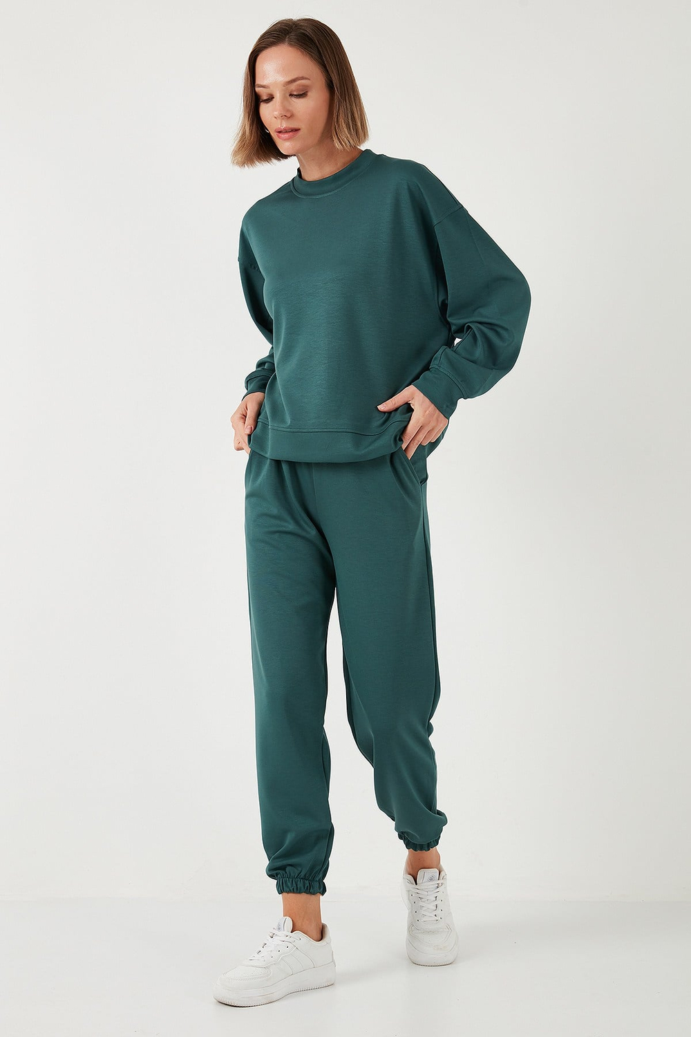Streç Bisiklet Yaka Oversize Fit Scuba Kadın Sweat 5865879 NEFTİ