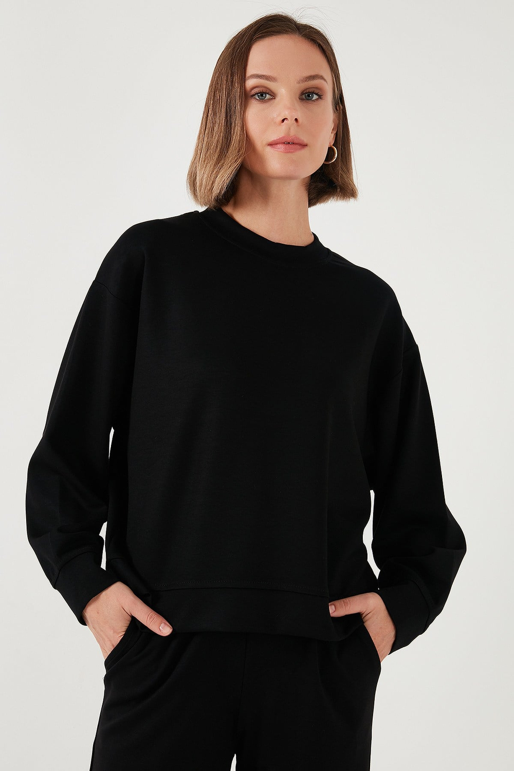 Streç Bisiklet Yaka Oversize Fit Scuba Kadın Sweat 5865879 SİYAH
