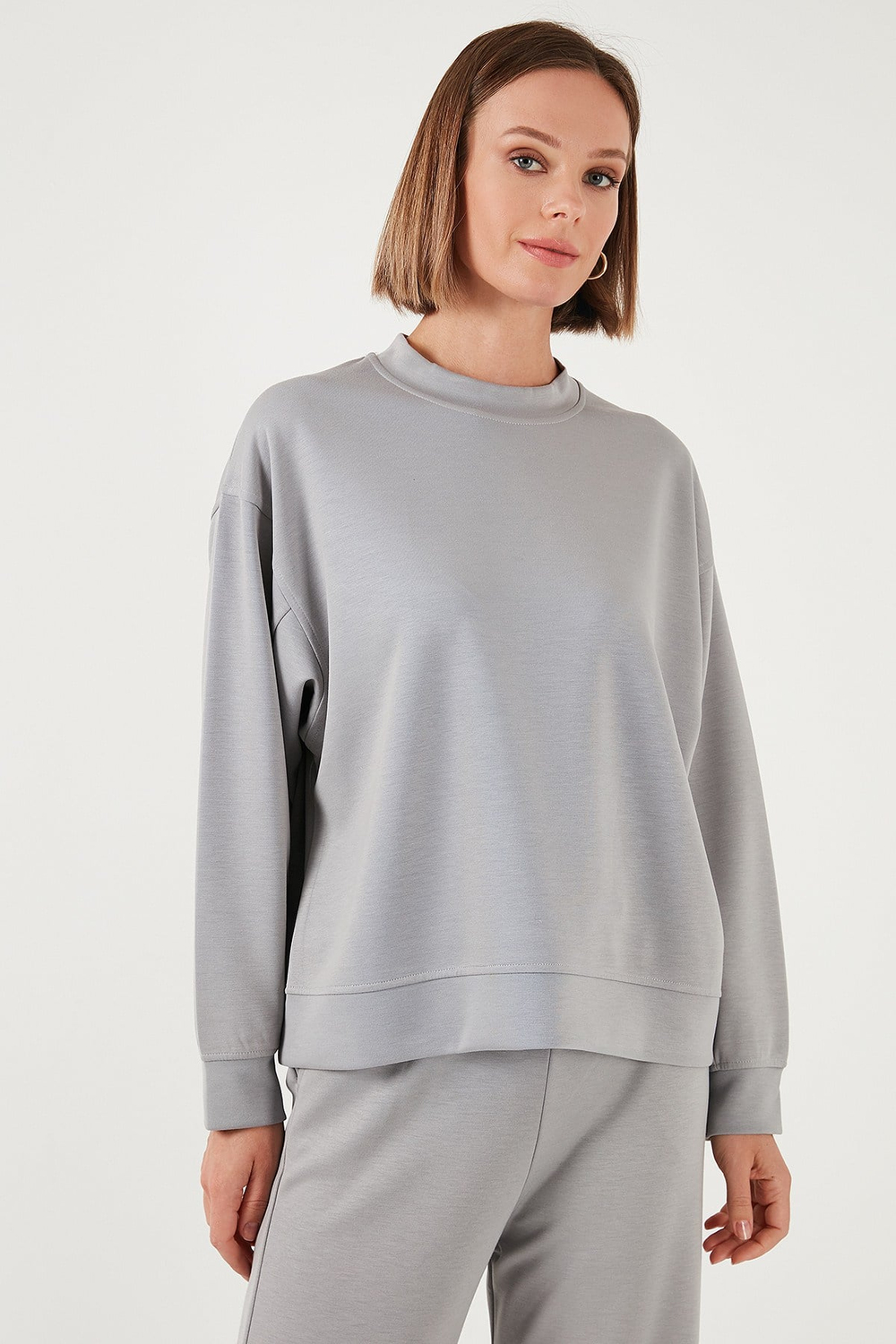 Streç Bisiklet Yaka Oversize Fit Scuba Kadın Sweat 5865879 GRİ