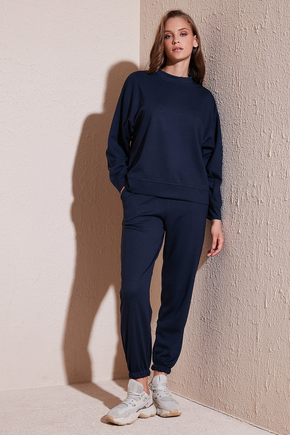 Streç Bisiklet Yaka Oversize Fit Scuba Kadın Sweat 5865879 LACİVERT