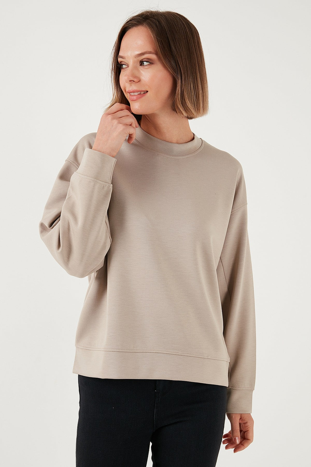 Streç Bisiklet Yaka Oversize Fit Scuba Kadın Sweat 5865879 TAŞ