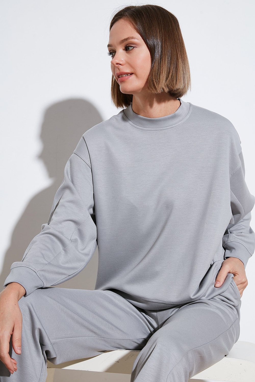 Streç Bisiklet Yaka Oversize Fit Scuba Kadın Sweat 5865879 GRİ