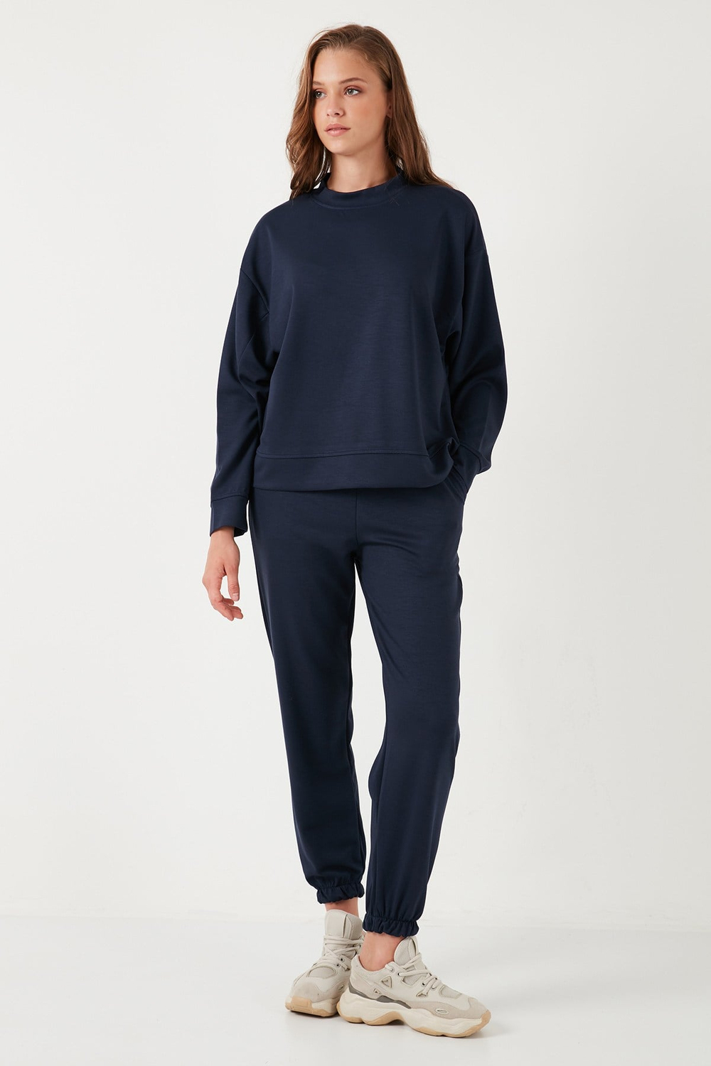 Streç Bisiklet Yaka Oversize Fit Scuba Kadın Sweat 5865879 LACİVERT