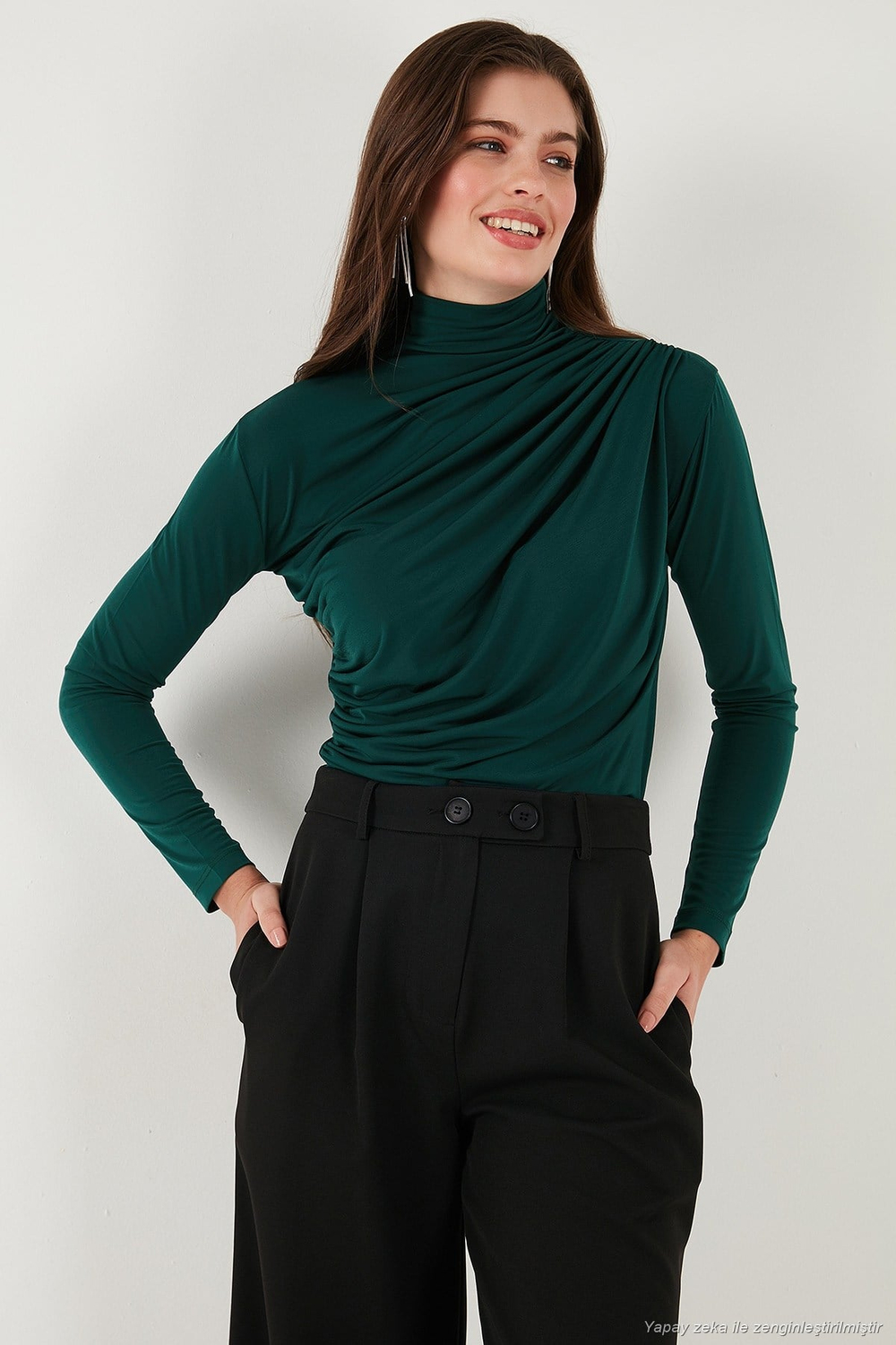 Streç Büzgü Detaylı Slim Fit Dik Yaka Kadın Bluz 669925 NEFTİ