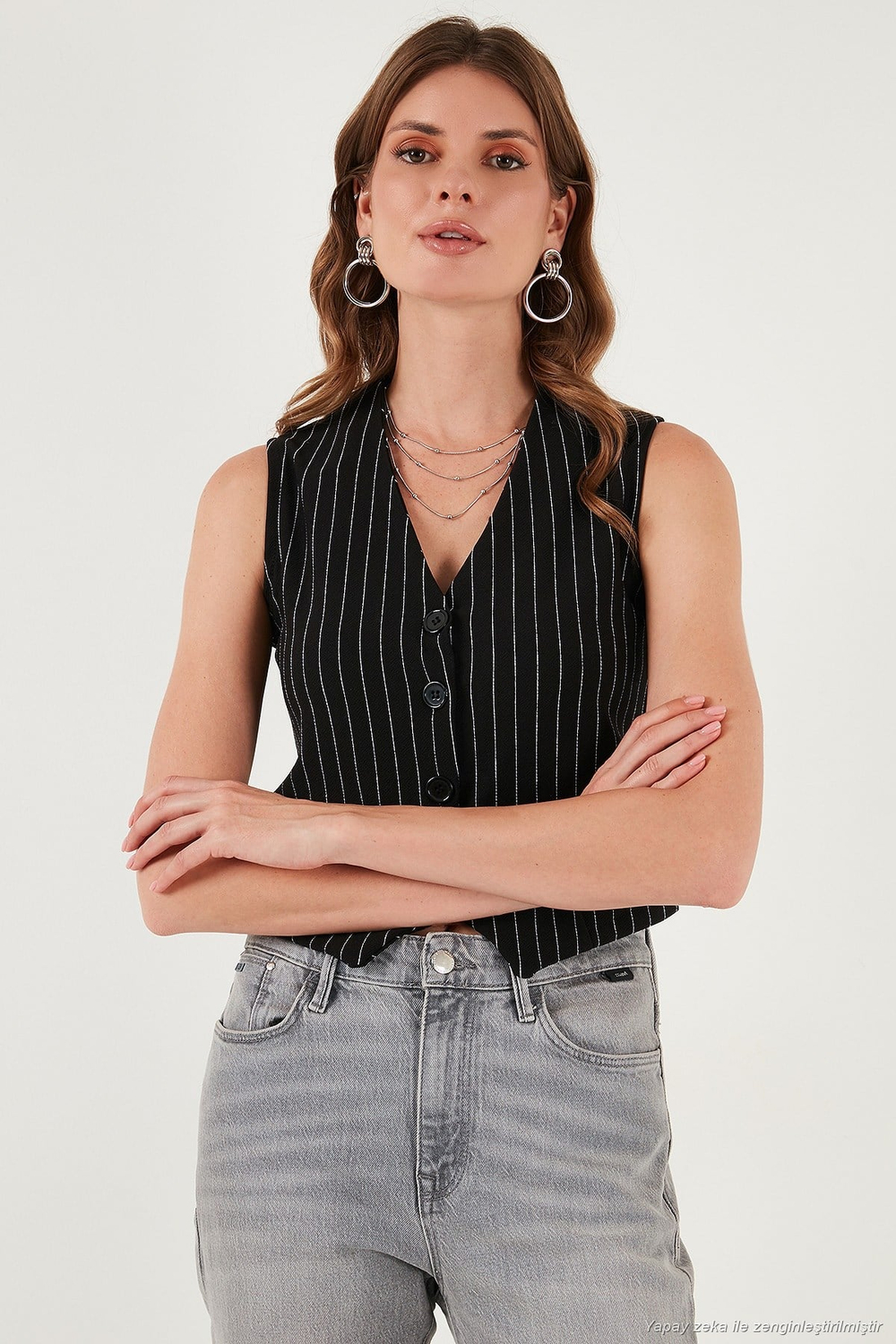 Streç Fitted Fit V Yaka Düğmeli Kadın Yelek 5865971 SİYAH-BEYAZ