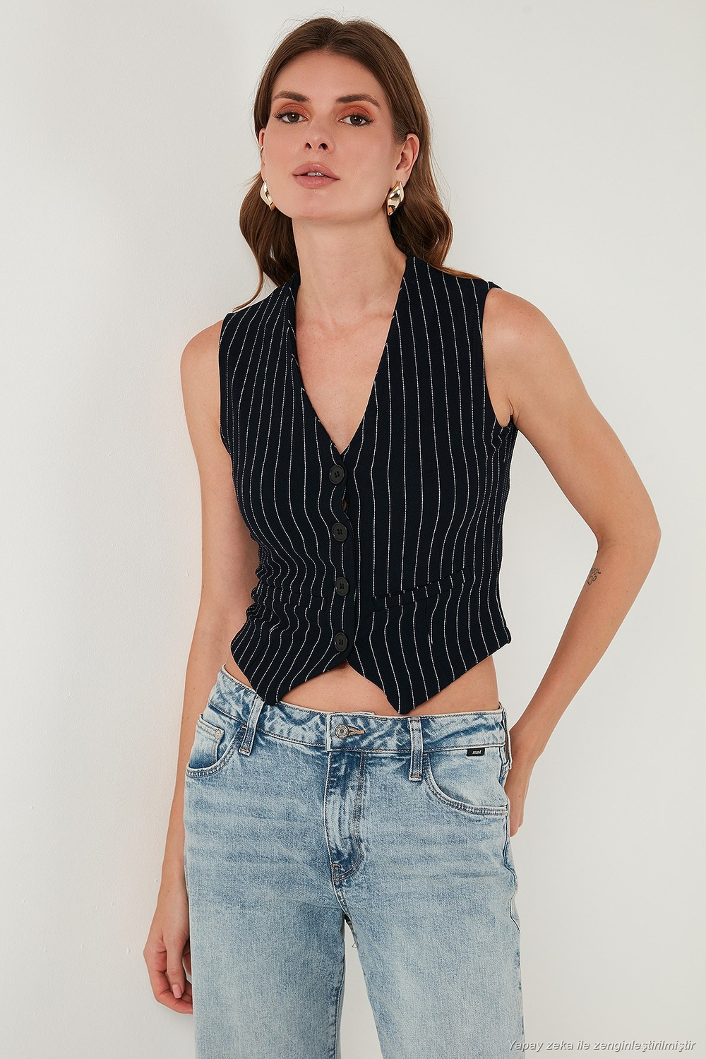 Streç Fitted Fit V Yaka Düğmeli Kadın Yelek 5865971 LACİVERT-BEYAZ