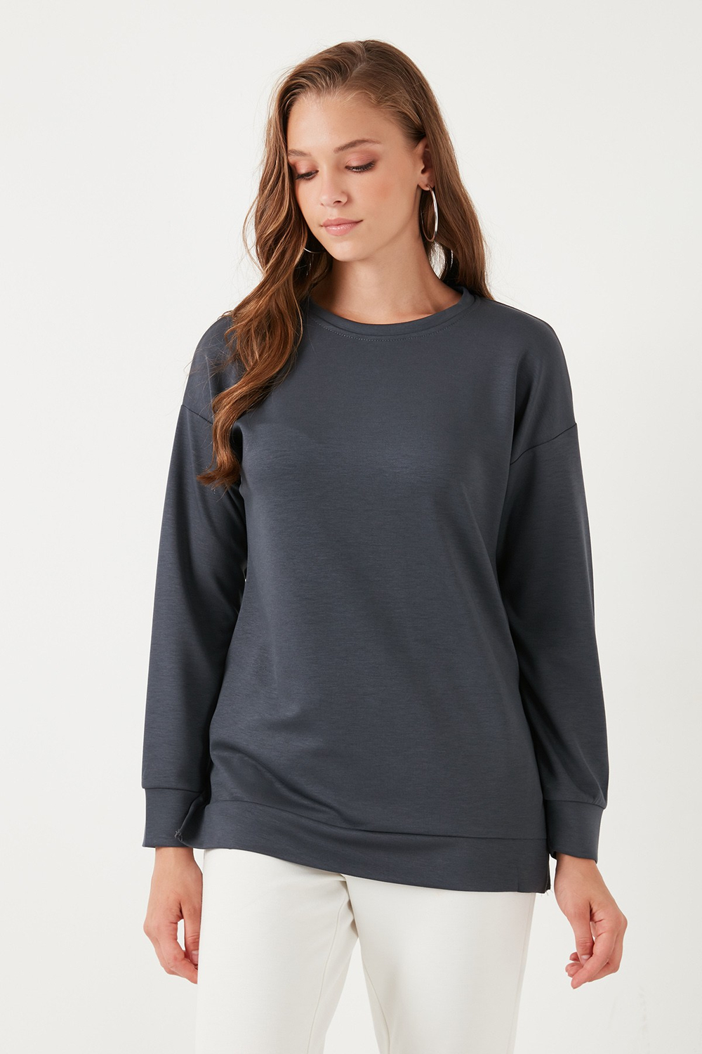 Streç Oversize Fit Bisiklet Yaka Modal Kumaş Kadın Sweat 5865877 FÜME