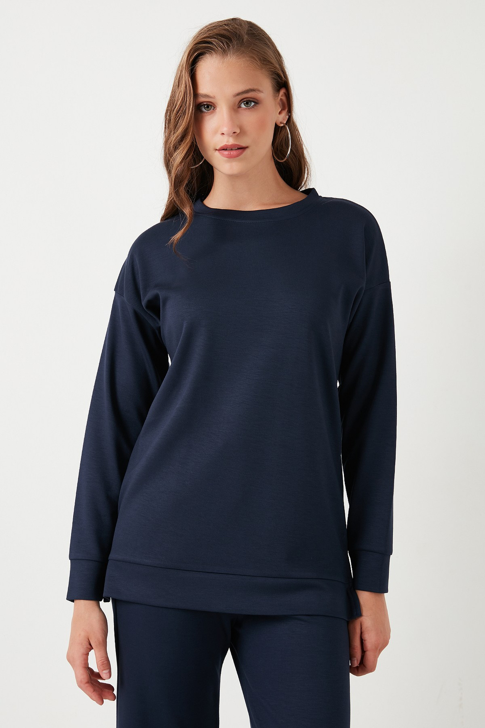 Streç Oversize Fit Bisiklet Yaka Modal Kumaş Kadın Sweat 5865877 LACİVERT
