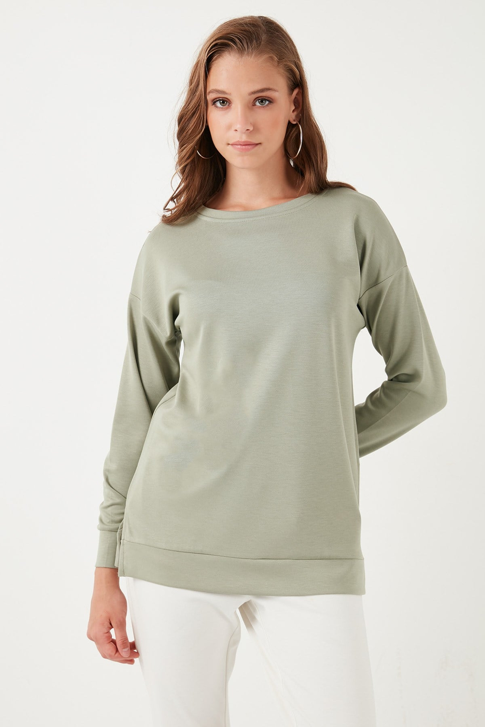 Streç Oversize Fit Bisiklet Yaka Modal Kumaş Kadın Sweat 5865877 OLİVE
