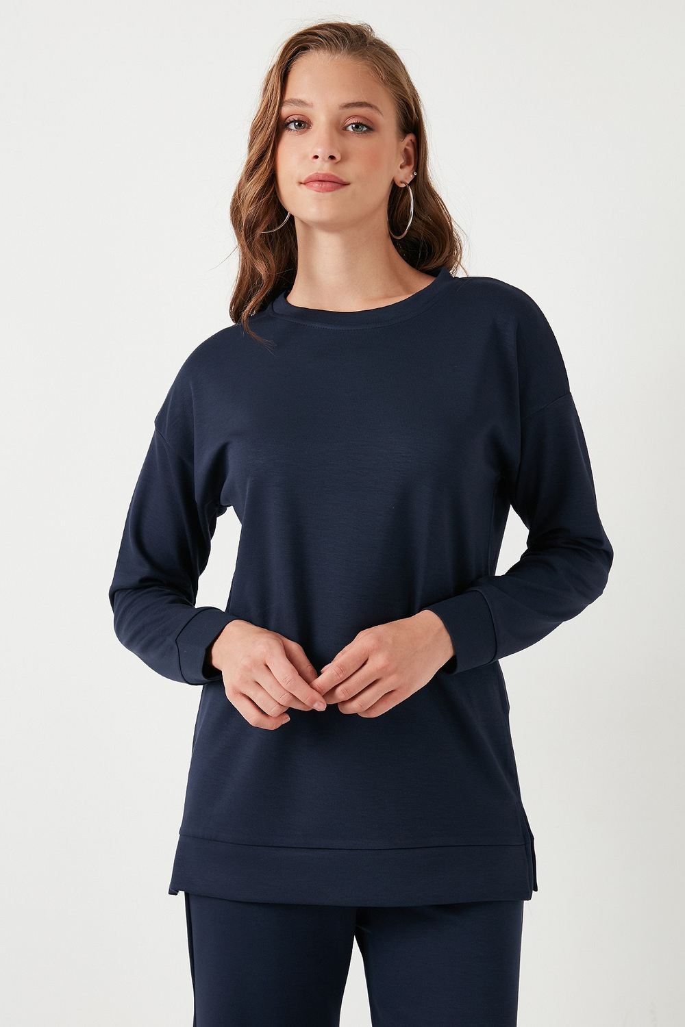 Streç Oversize Fit Bisiklet Yaka Modal Kumaş Kadın Sweat 5865877 LACİVERT