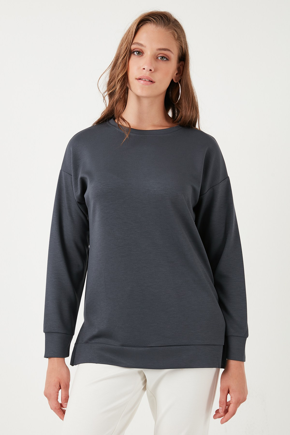 Streç Oversize Fit Bisiklet Yaka Modal Kumaş Kadın Sweat 5865877 FÜME