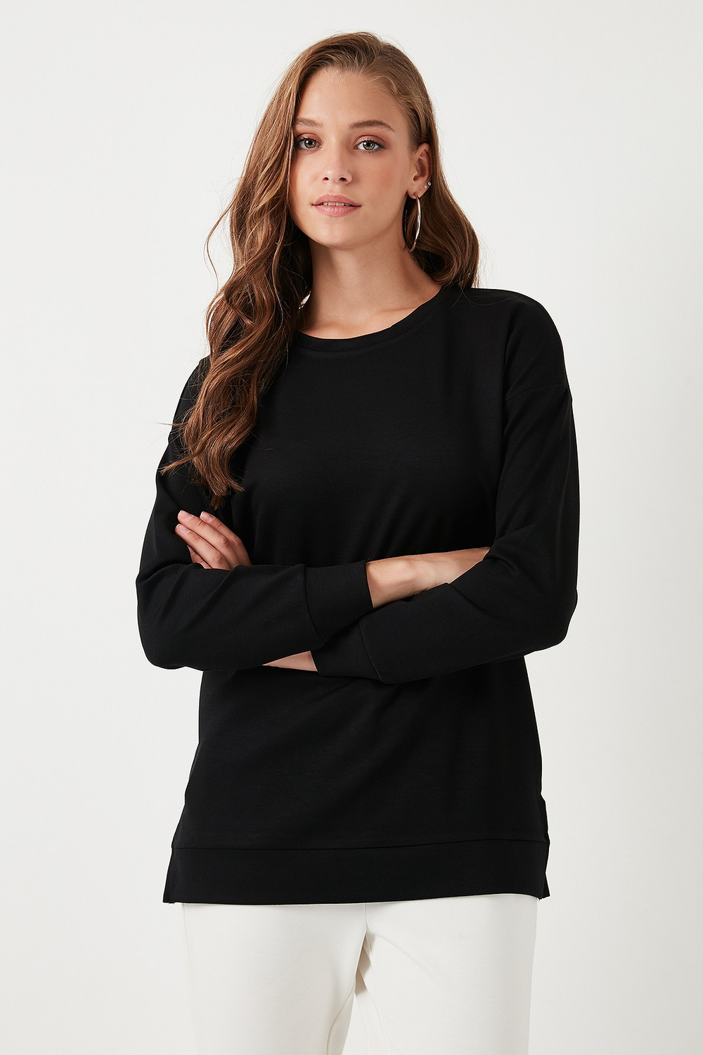 Streç Oversize Fit Bisiklet Yaka Modal Kumaş Kadın Sweat 5865877 SİYAH