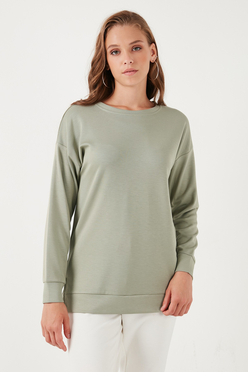 Streç Oversize Fit Bisiklet Yaka Modal Kumaş Kadın Sweat 5865877 OLİVE