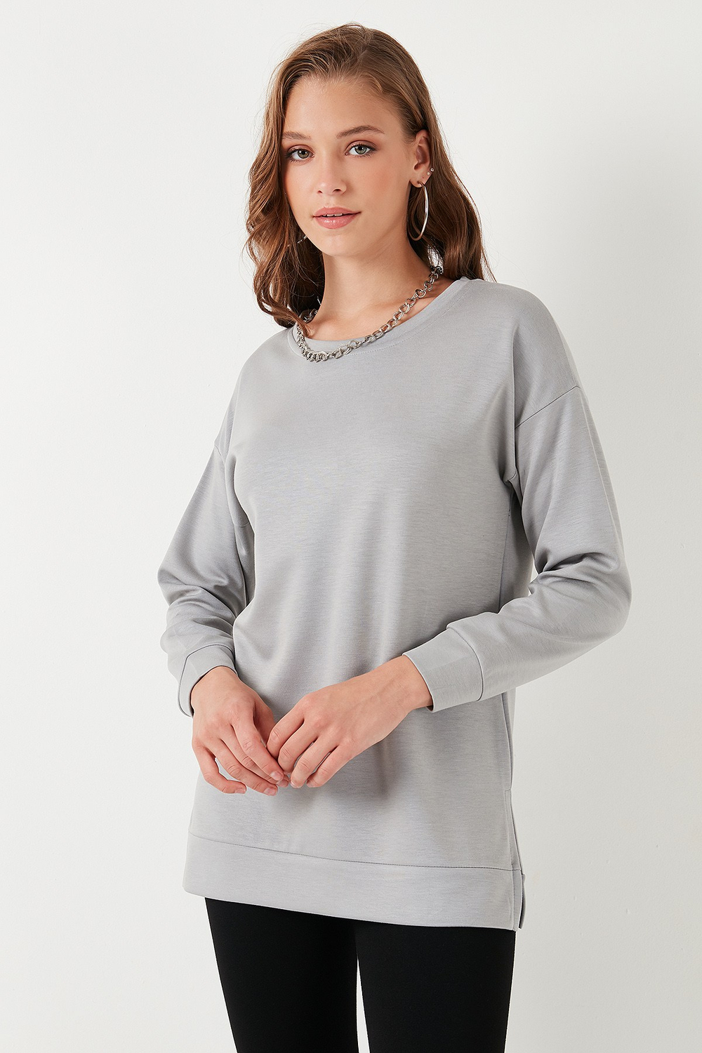 Streç Oversize Fit Bisiklet Yaka Modal Kumaş Kadın Sweat 5865877 GRİ