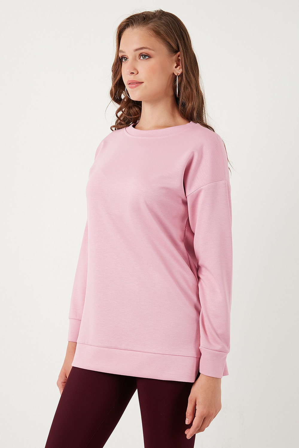 Streç Oversize Fit Bisiklet Yaka Modal Kumaş Kadın Sweat 5865877 GÜL
