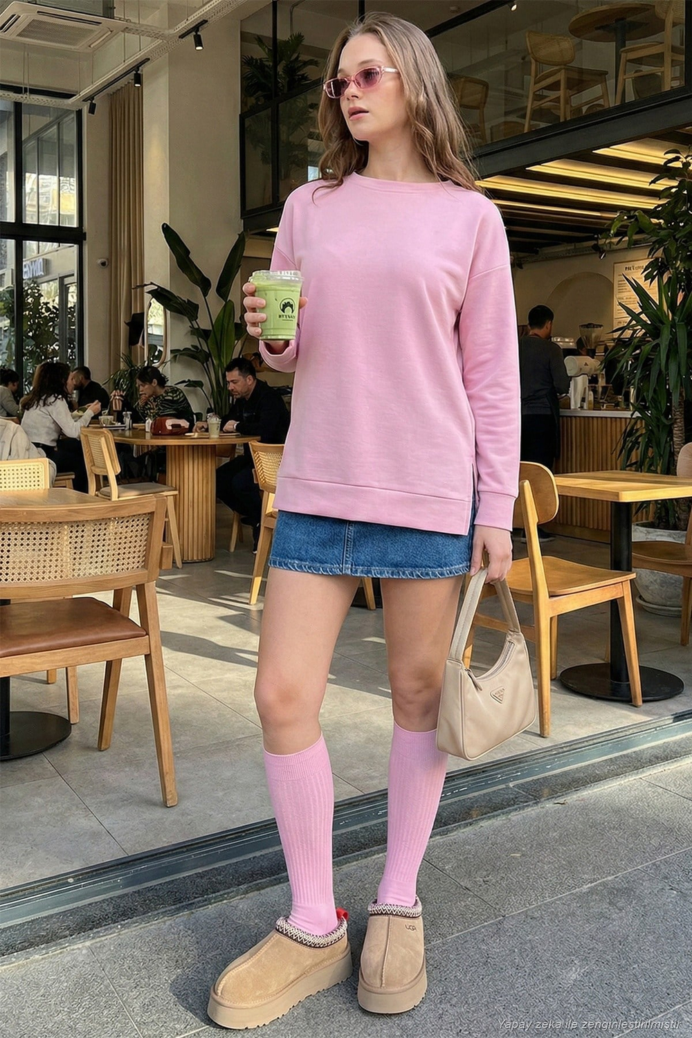 Streç Oversize Fit Bisiklet Yaka Modal Kumaş Kadın Sweat 5865877 GÜL