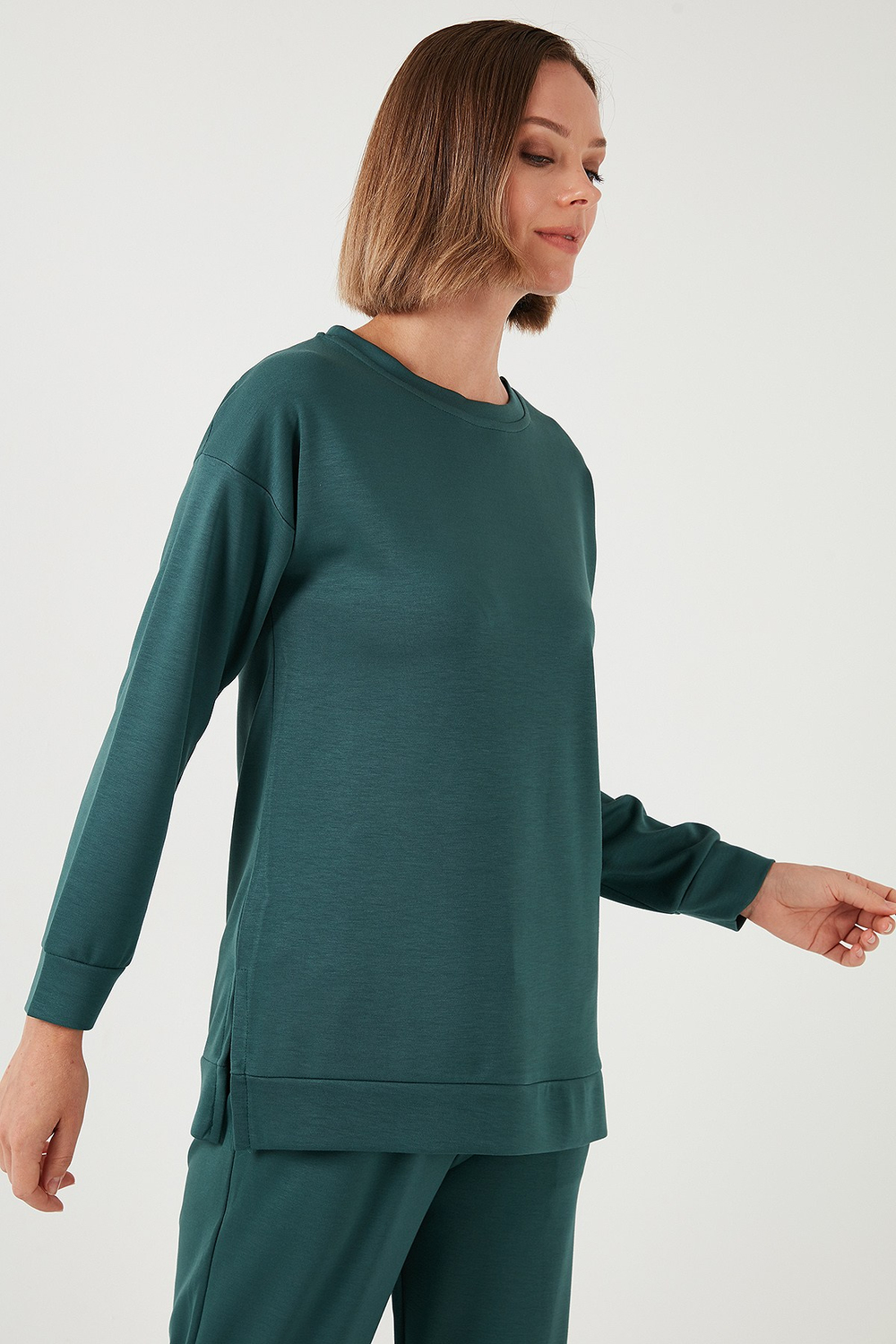 Streç Oversize Fit Bisiklet Yaka Modal Kumaş Kadın Sweat 5865877 NEFTİ