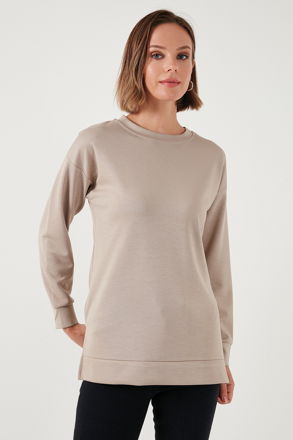 Streç Oversize Fit Bisiklet Yaka Modal Kumaş Kadın Sweat 5865877 TAŞ