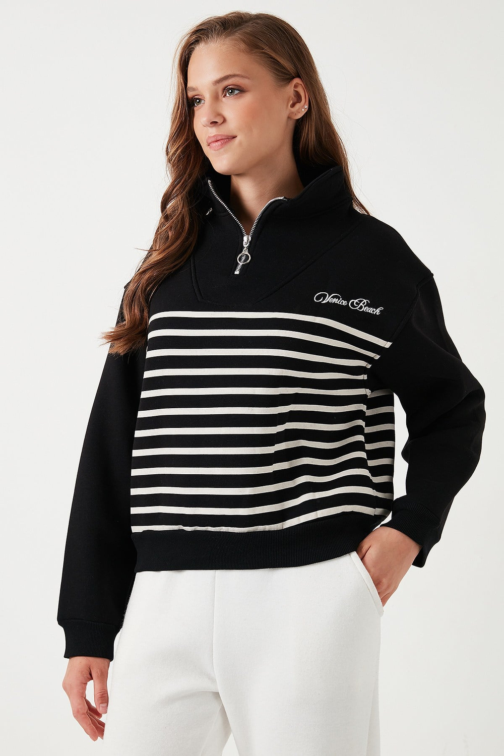 Streç Oversize Fit Yarım Fermuarlı Dik Yaka Kadın Sweat 5865883 SİYAH