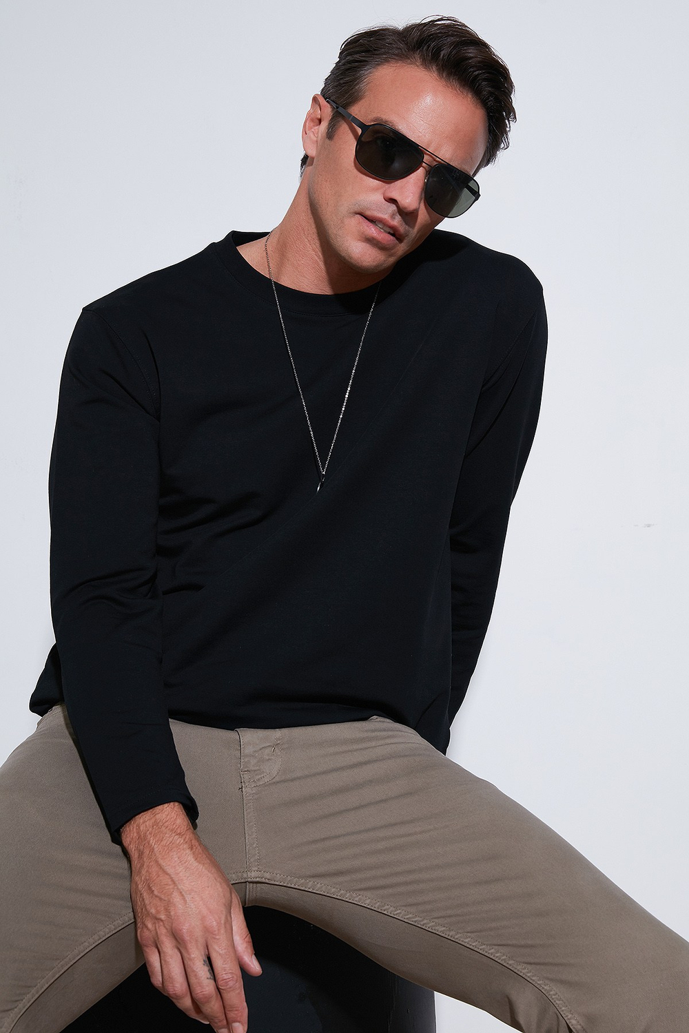 Streç Pamuklu Regular Fit Bisiklet Yaka Erkek Sweat 5905725 SİYAH